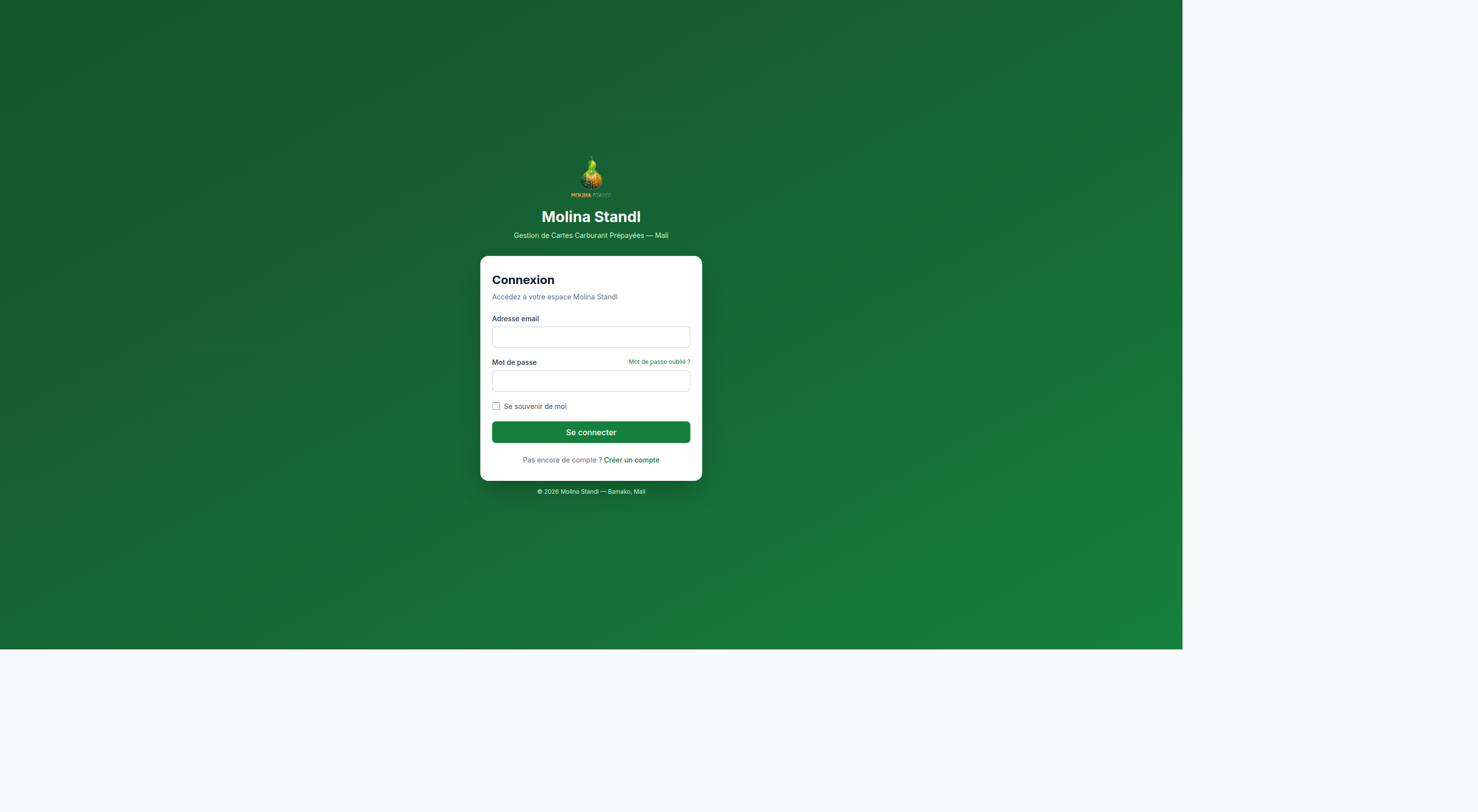 Écran de connexion de Molina Standl avec les champs e-mail et mot de passe